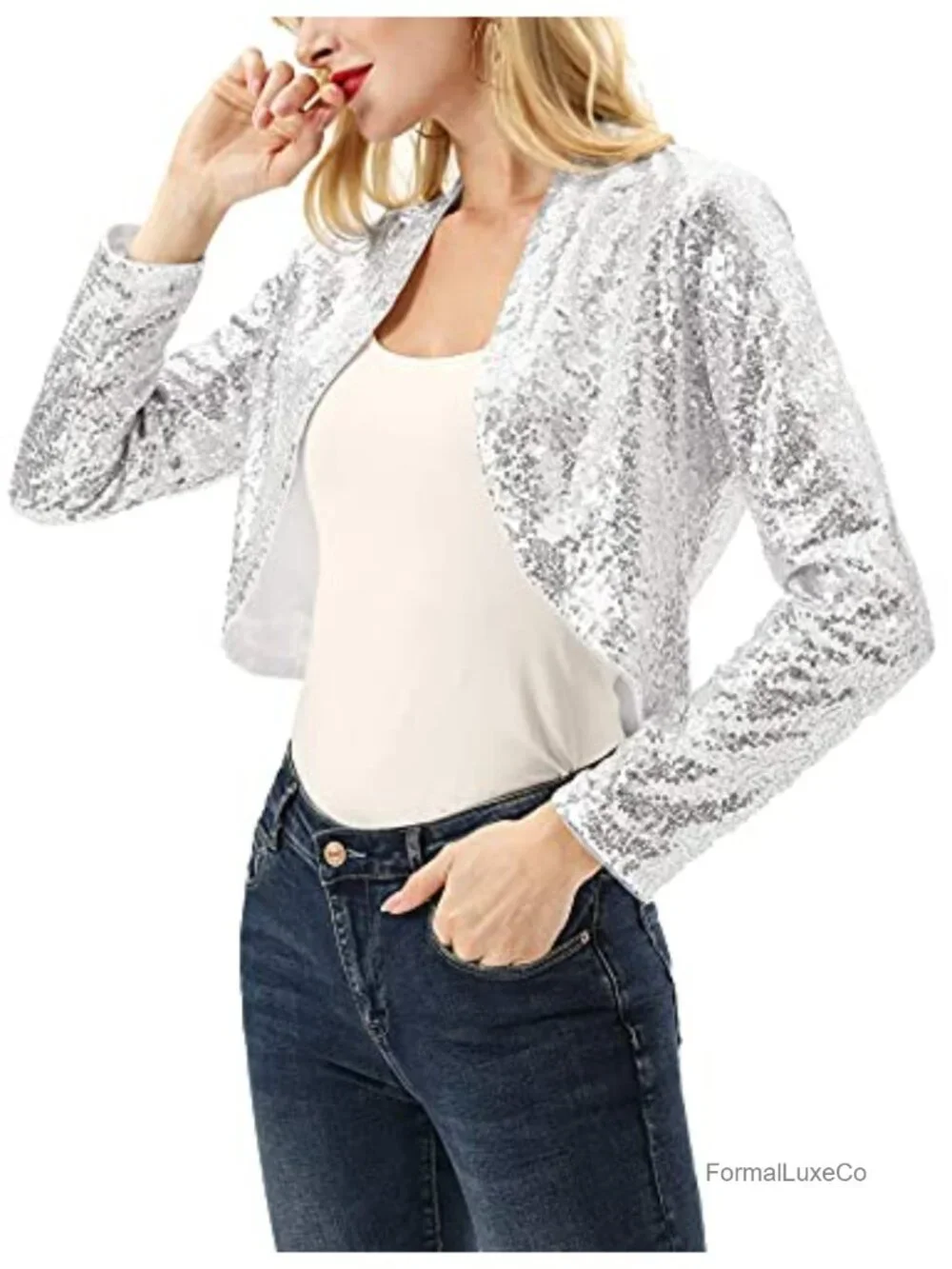 Sequin Shrug Bolero Jacket Long Sleeve Open Front Cropped Women's Party Top
